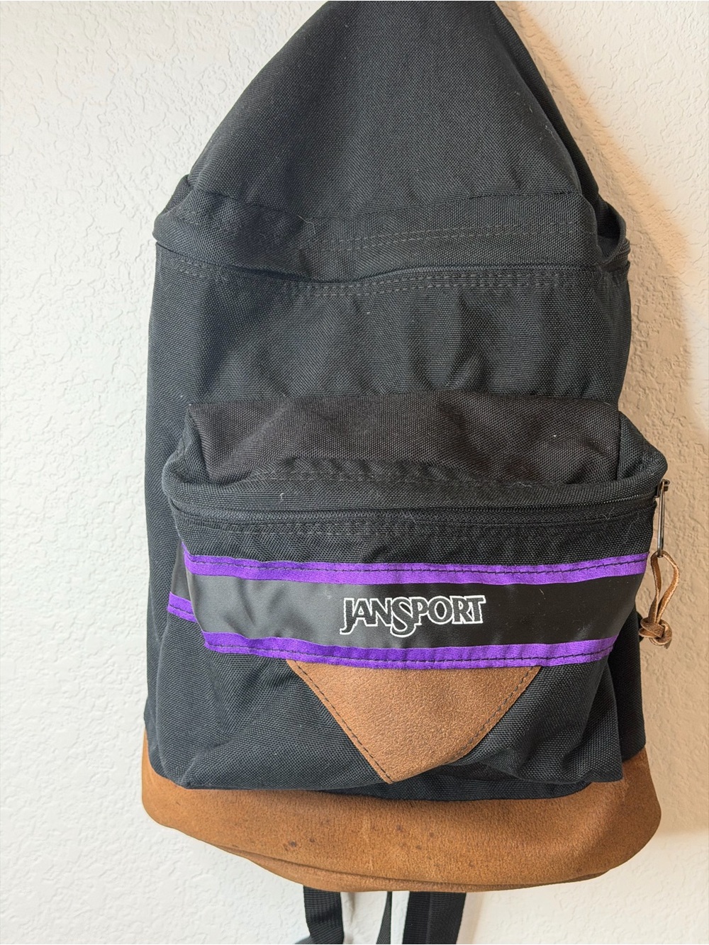 Vintage Jansport Black Backpack Leather Bottom Made in USA School Bag